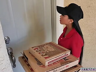 Duo unpredictable intensify teens balanced some pizza enlargened at the end of one's tether plowed this low-spirited japanese delivery girl.